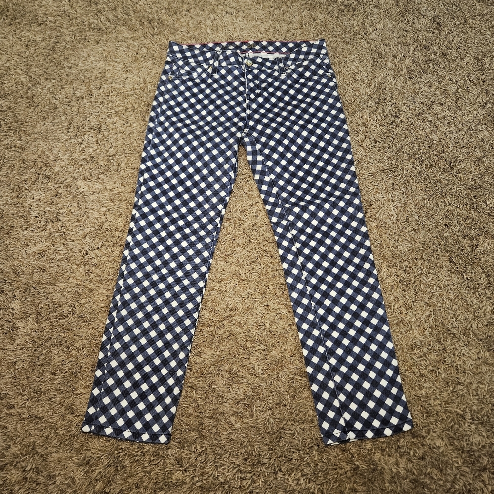 Kate Spade Play Hooky Perry Street Blue White Diamond Plaid Denim Capris Sz 26